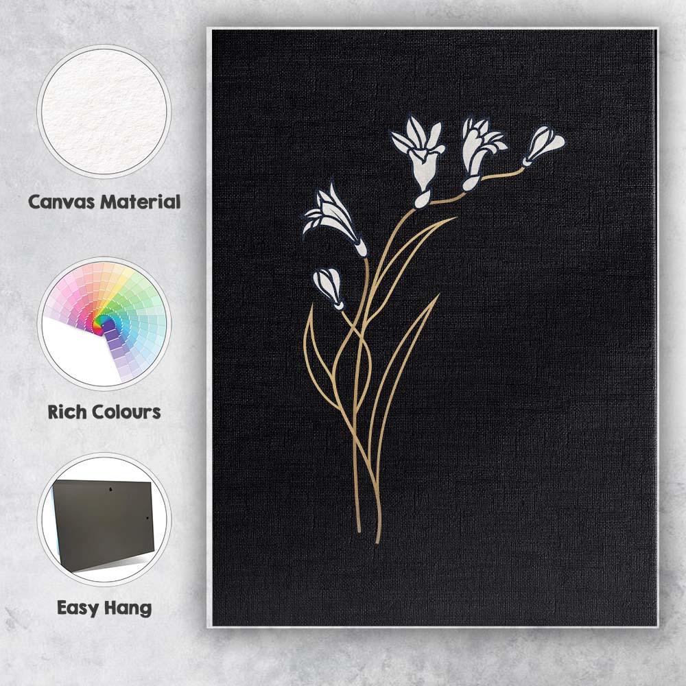 Minimalist White Bell Flower Gold Line Art Black Background Canvas Wall Art Print Decor Picture Ready to Hang