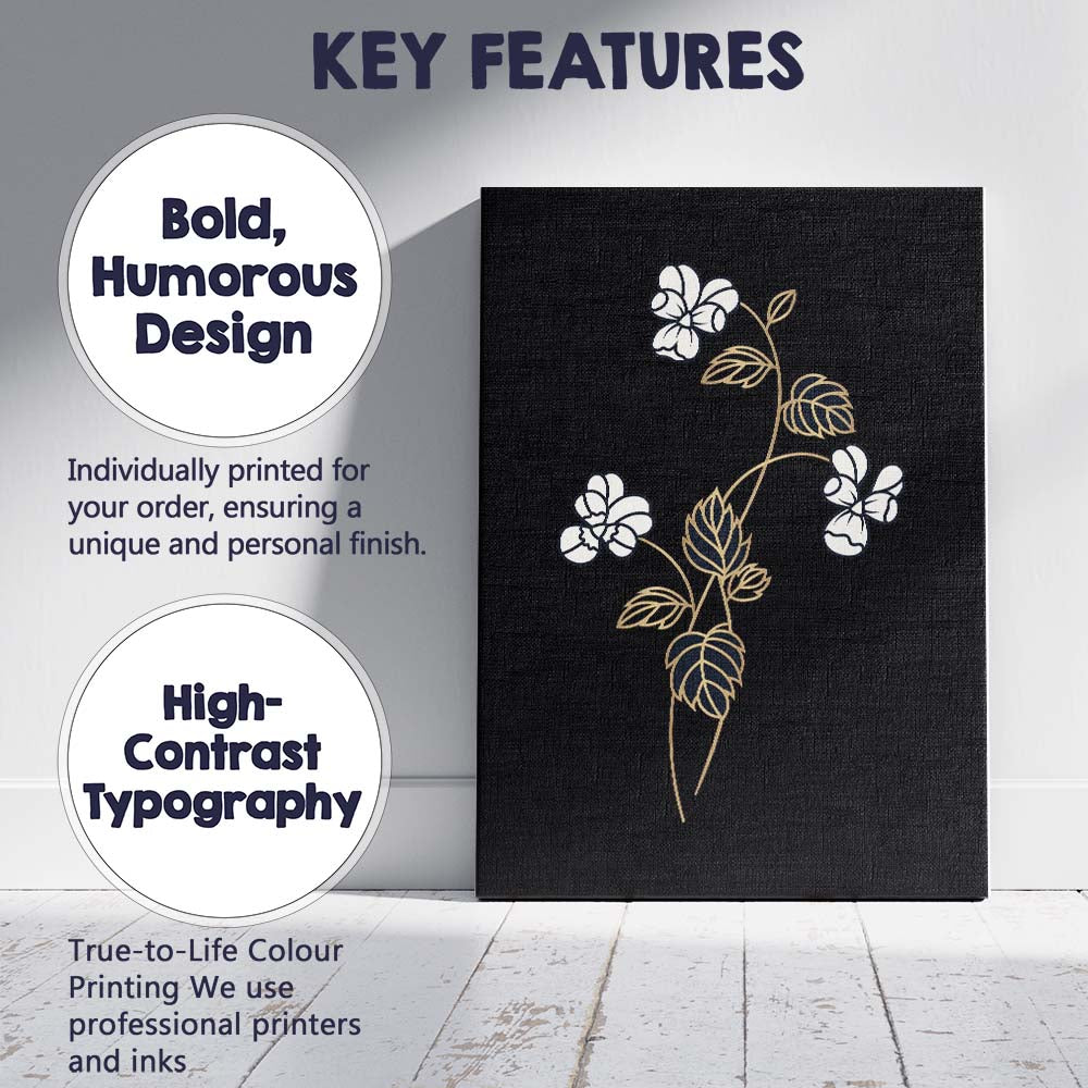 Elegant White Blossom Botanical Gold Line Art Black Background Canvas Wall Art Print Decor Picture Ready to Hang
