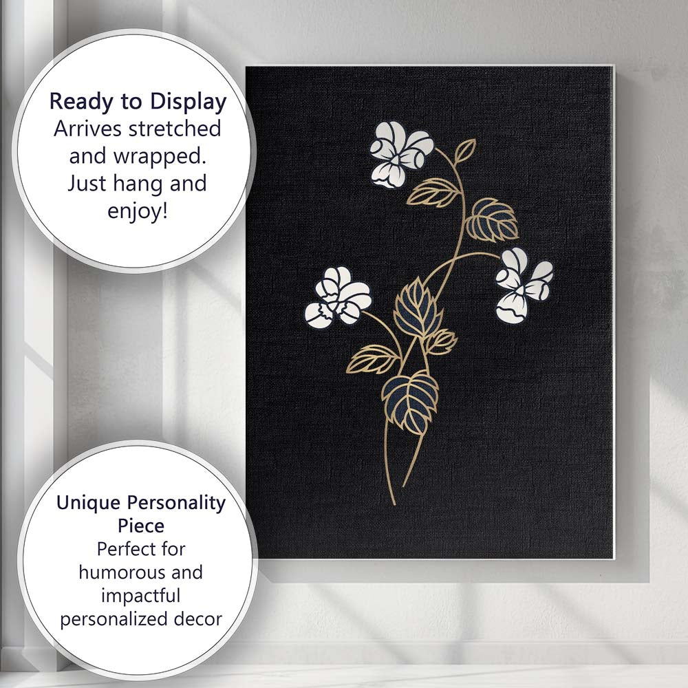 Elegant White Blossom Botanical Gold Line Art Black Background Canvas Wall Art Print Decor Picture Ready to Hang