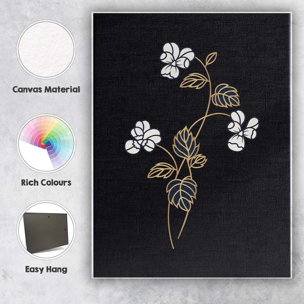 Elegant White Blossom Botanical Gold Line Art Black Background Canvas Wall Art Print Decor Picture Ready to Hang