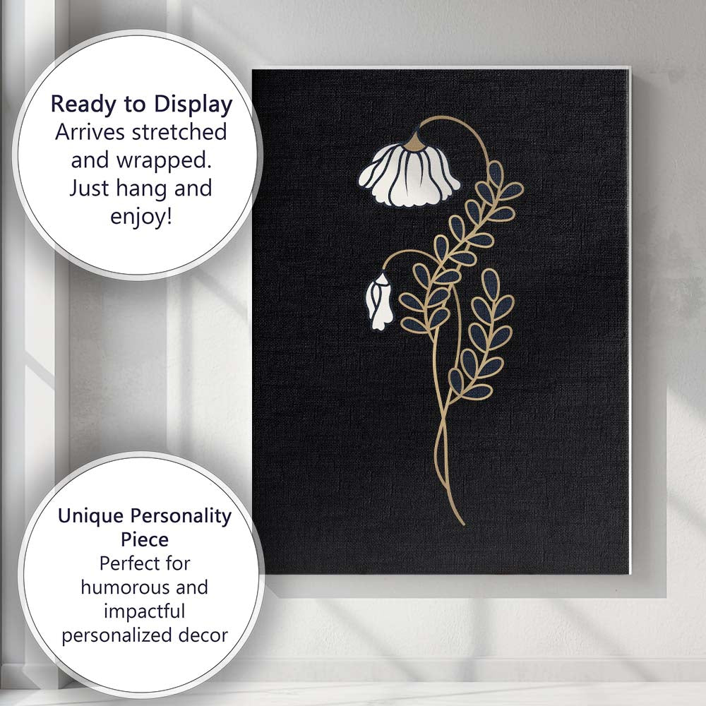 Minimalist White Hanging Bellflower Gold Line Art Black Background Canvas Wall Art Print Decor Picture Ready to Hang