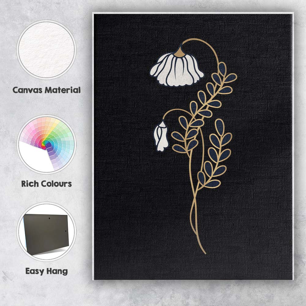 Minimalist White Hanging Bellflower Gold Line Art Black Background Canvas Wall Art Print Decor Picture Ready to Hang