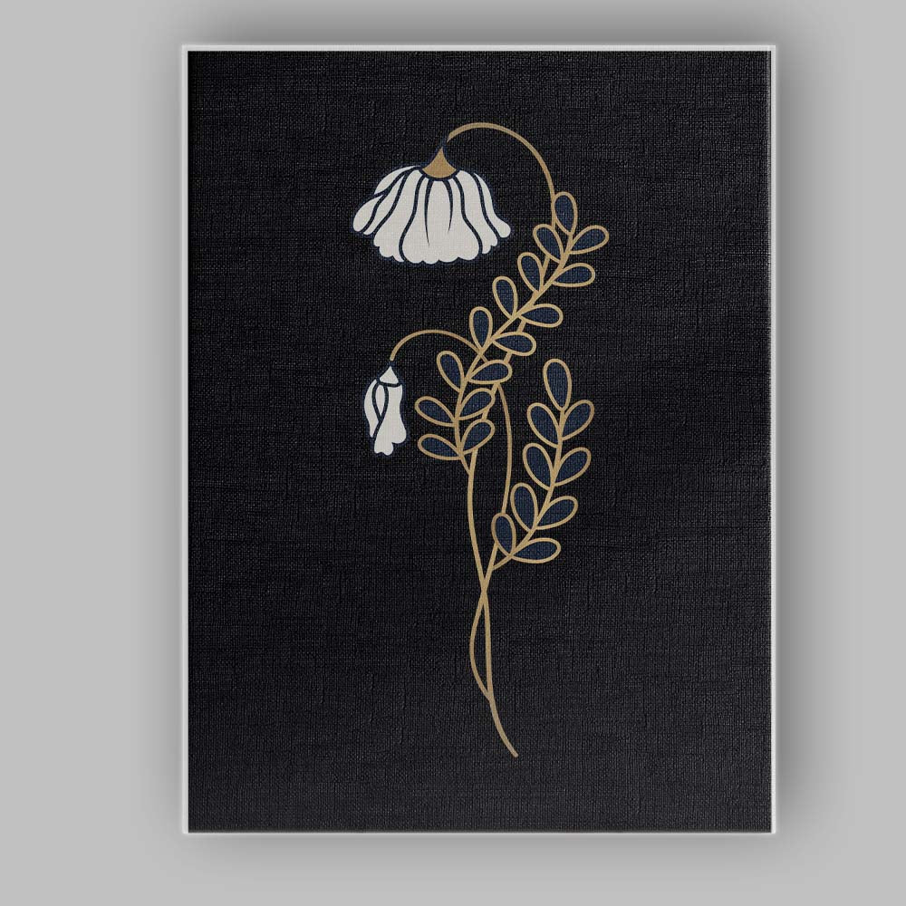 Minimalist White Hanging Bellflower Gold Line Art Black Background Canvas Wall Art Print Decor Picture Ready to Hang