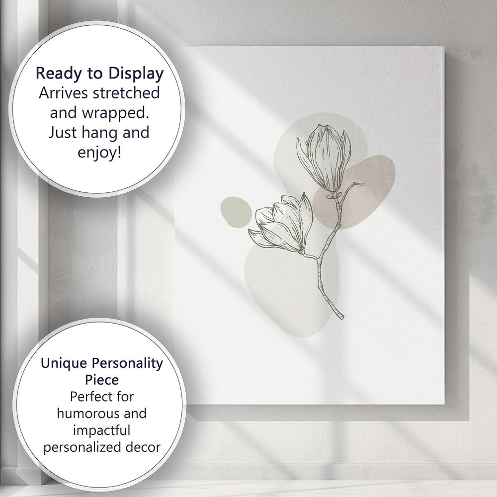 Elegant Magnolia Blossom Botanical Sketch Neutral Abstract Canvas Wall Art Print Decor Picture Ready to Hang