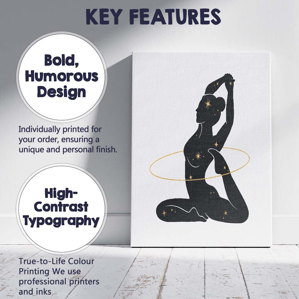 Celestial Yoga Pose Woman Silhouette Gold Stars Canvas Wall Art Print Decor Picture Ready to Hang