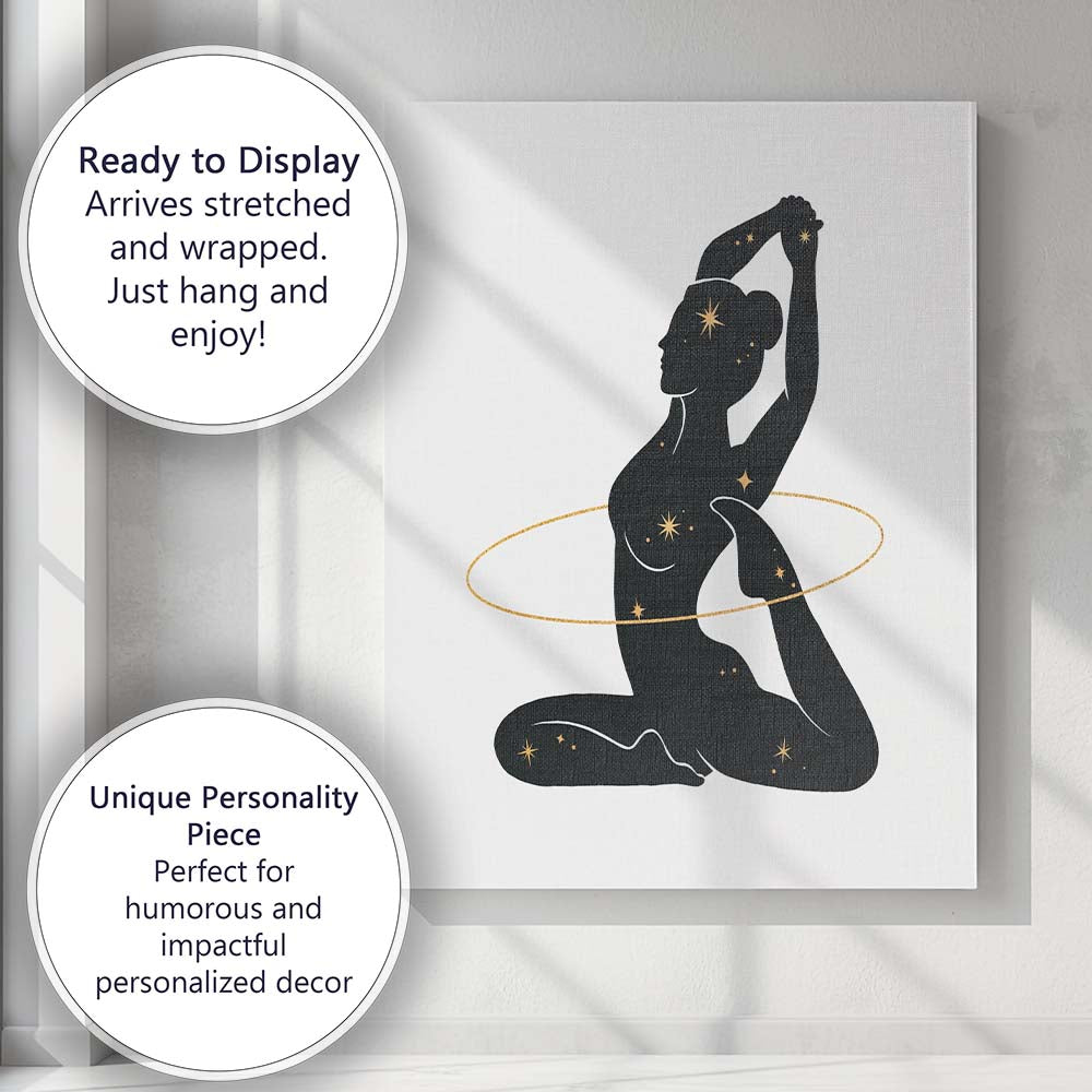 Celestial Yoga Pose Woman Silhouette Gold Stars Canvas Wall Art Print Decor Picture Ready to Hang
