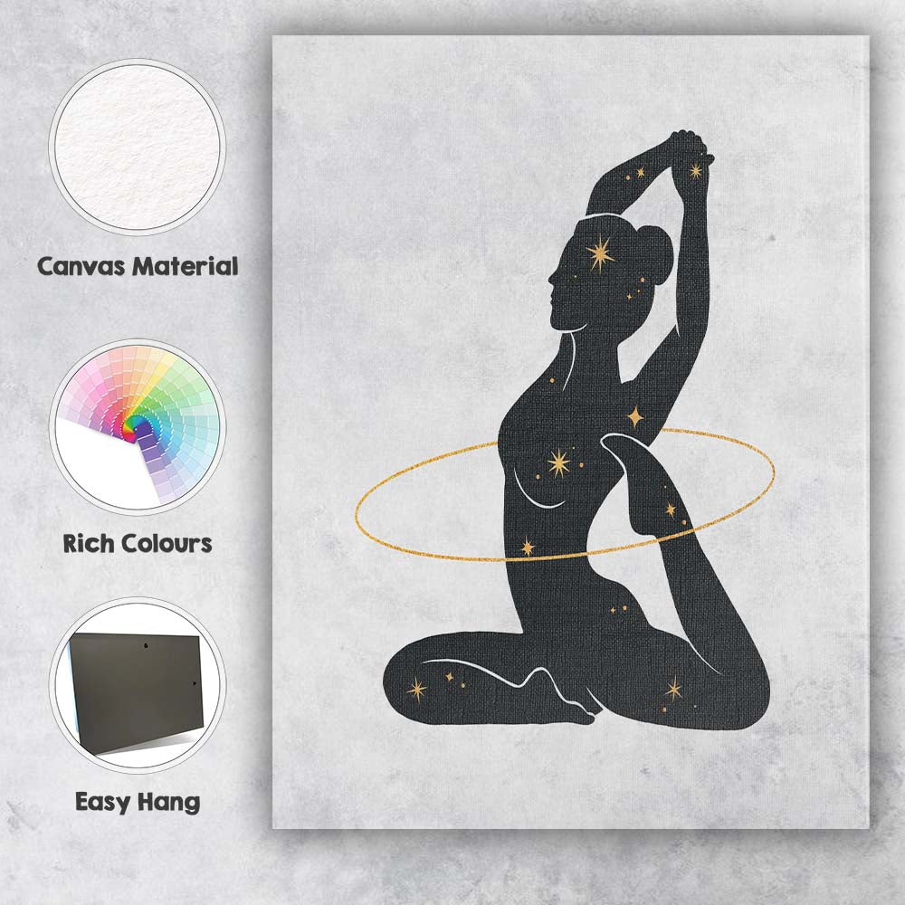 Celestial Yoga Pose Woman Silhouette Gold Stars Canvas Wall Art Print Decor Picture Ready to Hang