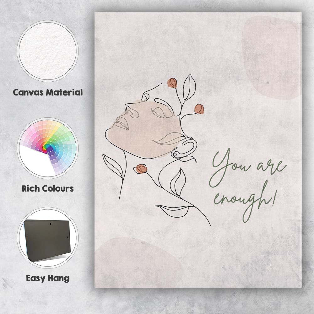 Minimalist Floral Woman Line Art You Are Enough Quote Canvas Wall Art Print Decor Picture Ready to Hang