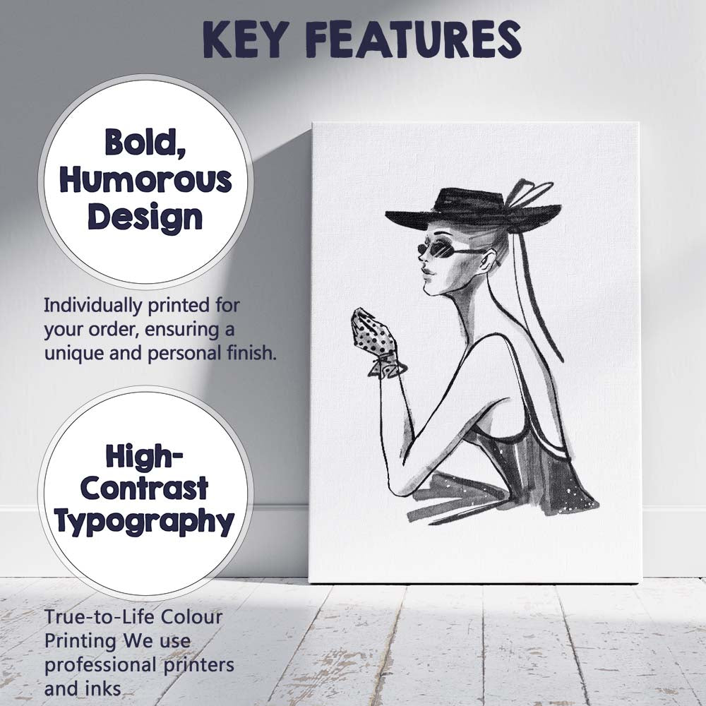 Elegant Monochrome Fashion Woman Watercolour Portrait Canvas Wall Art Print Decor Picture Ready to Hang
