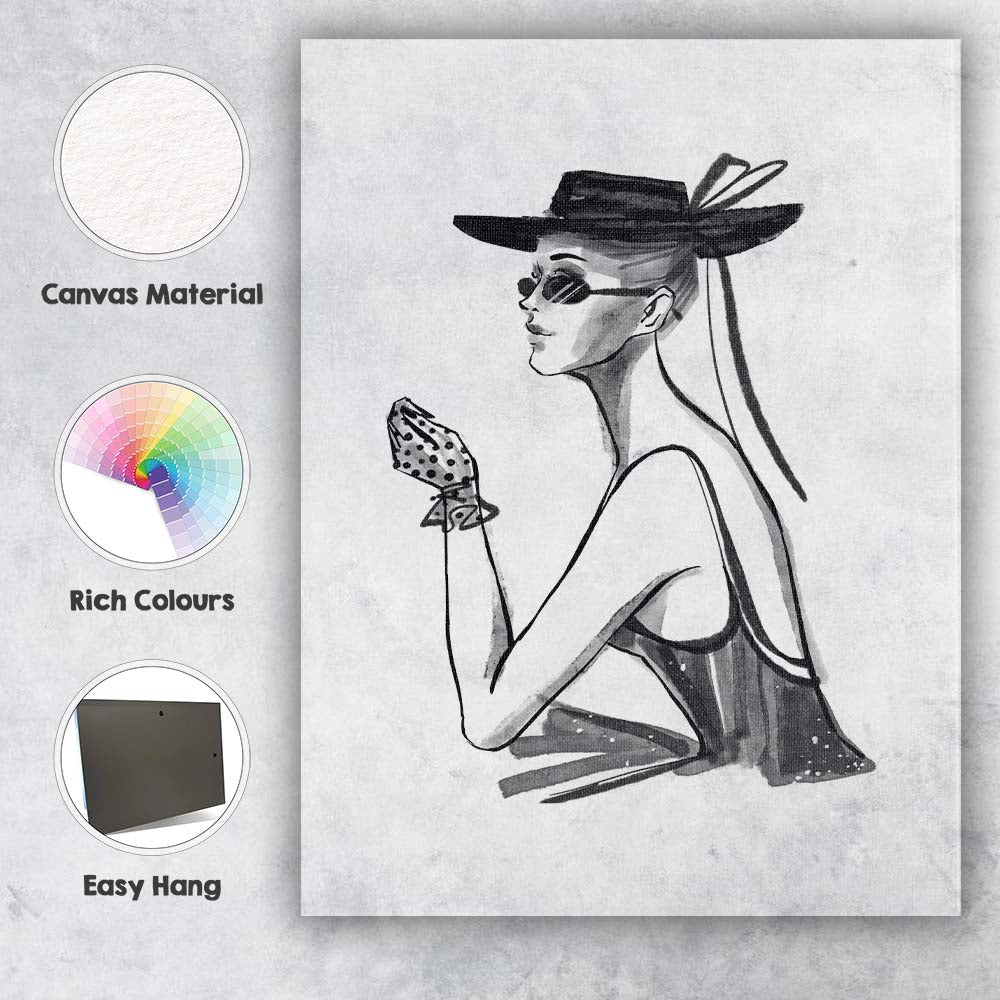 Elegant Monochrome Fashion Woman Watercolour Portrait Canvas Wall Art Print Decor Picture Ready to Hang