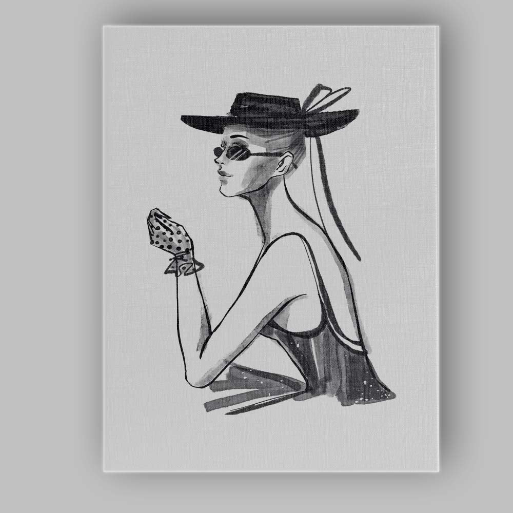 Elegant Monochrome Fashion Woman Watercolour Portrait Canvas Wall Art Print Decor Picture Ready to Hang