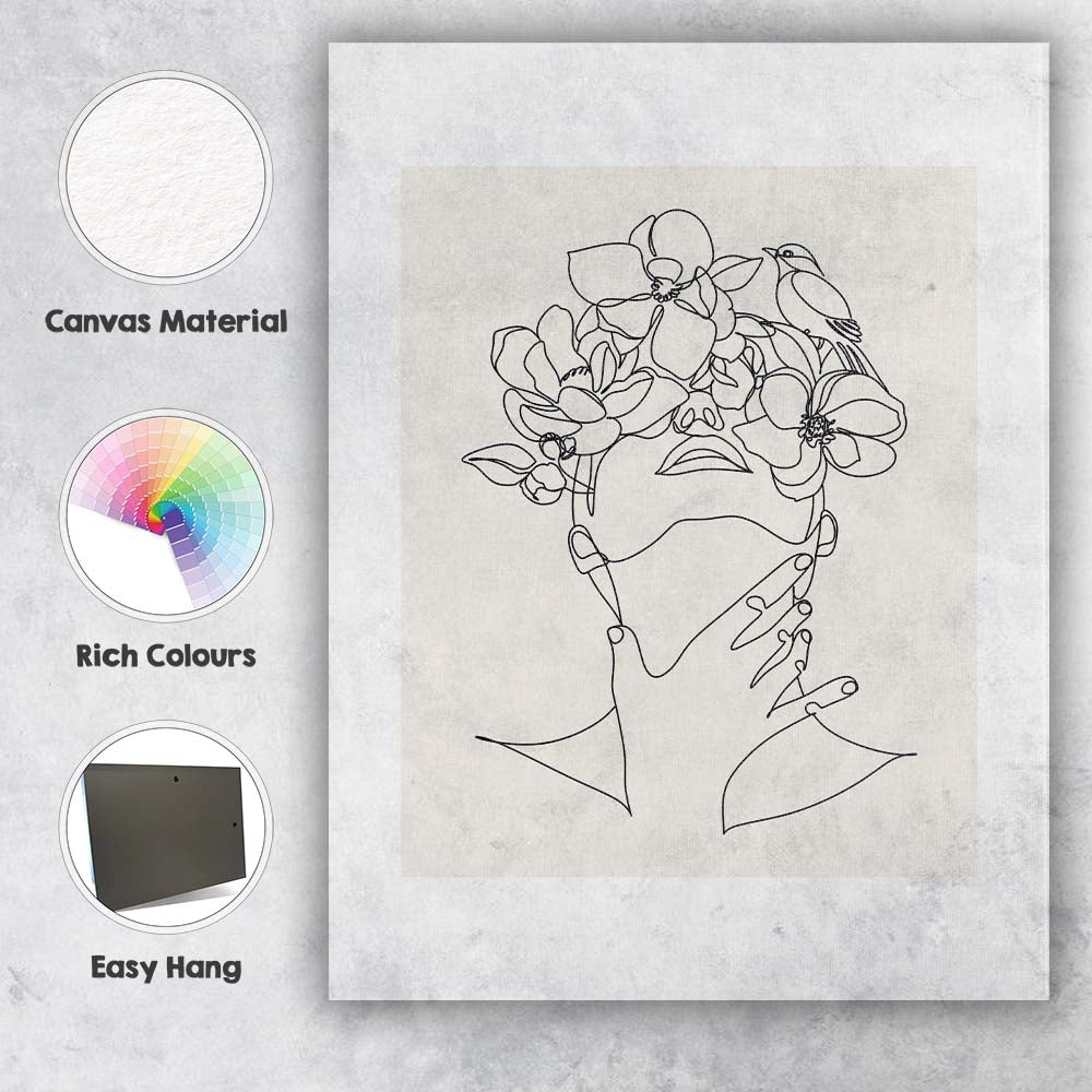 Minimalist Floral Face One Line Drawing Bird Illustration Canvas Wall Art Print Decor Picture Ready to Hang