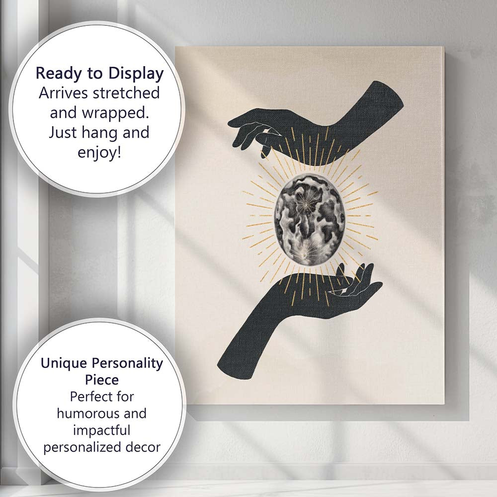Mystical Moon Phases Celestial Hands Gold Sunburst Canvas Wall Art Print Decor Picture Ready to Hang