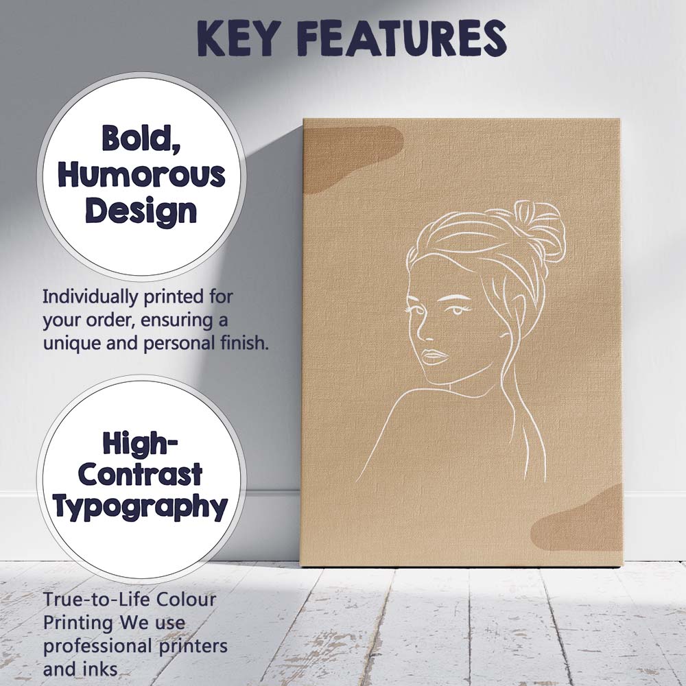 Elegant Woman Portrait White Line Art Neutral Beige Canvas Wall Art Print Decor Picture Ready to Hang