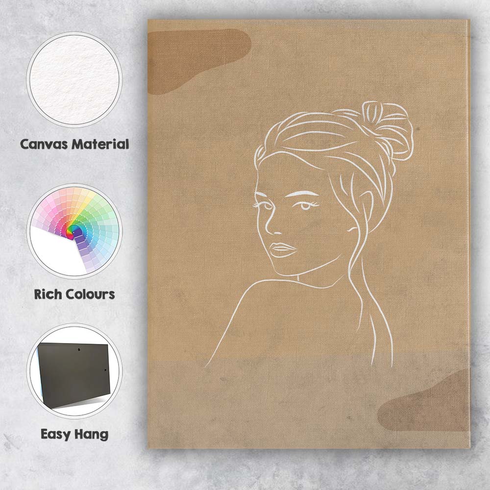 Elegant Woman Portrait White Line Art Neutral Beige Canvas Wall Art Print Decor Picture Ready to Hang