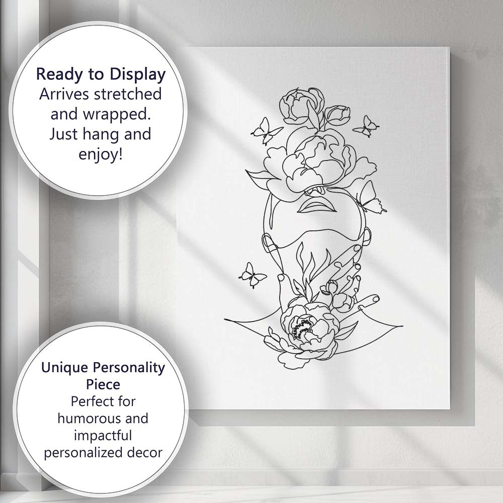 Botanical Floral Woman Face One Line Drawing Butterflies Canvas Wall Art Print Decor Picture Ready to Hang