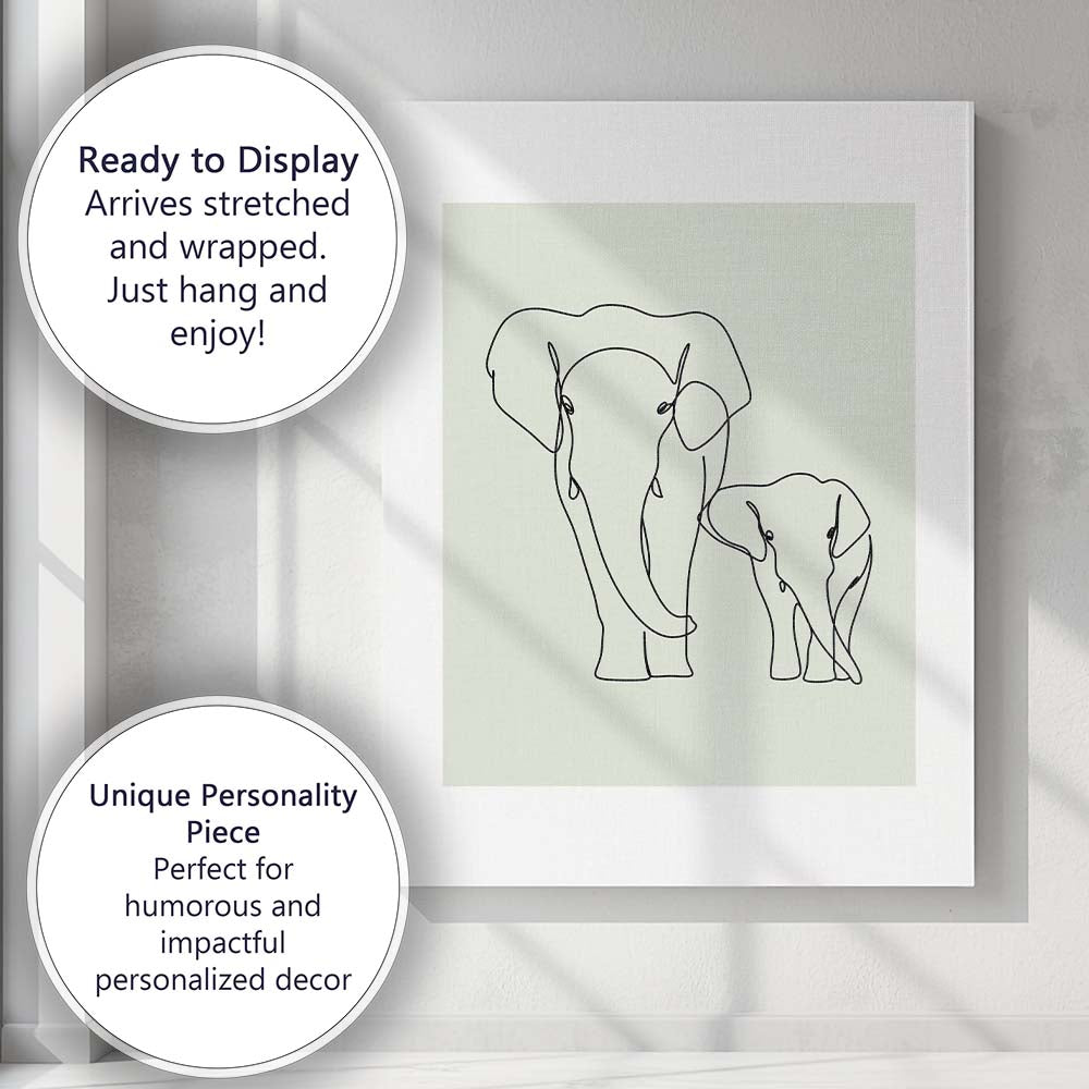 Minimalist Elephant Mother And Baby One Line Drawing Canvas Wall Art Print Decor Picture Ready to Hang