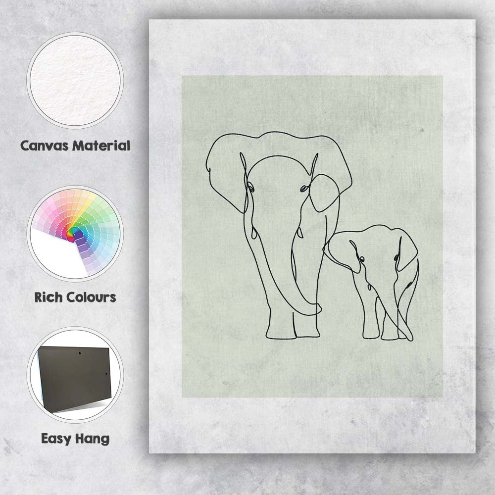 Minimalist Elephant Mother And Baby One Line Drawing Canvas Wall Art Print Decor Picture Ready to Hang