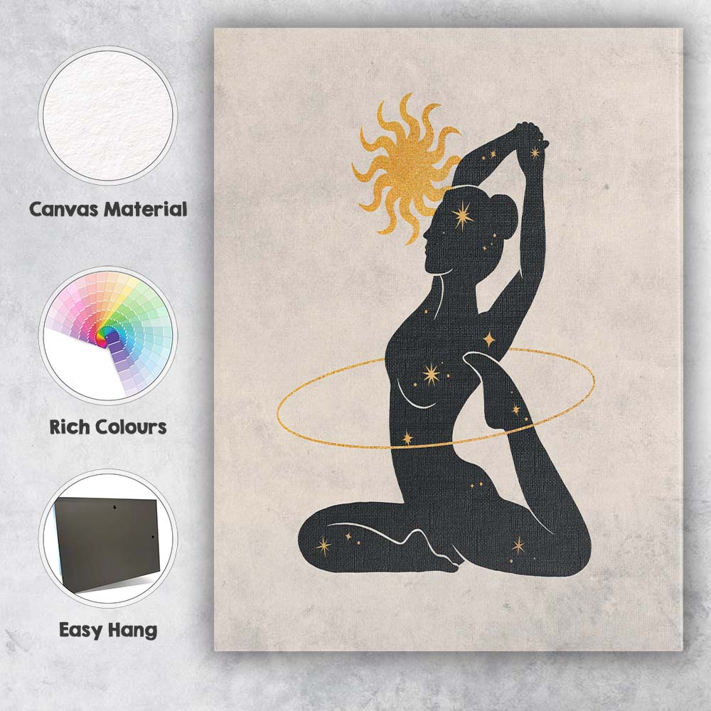 Celestial Yoga Woman Sun And Stars Silhouette Canvas Wall Art Print Decor Picture Ready to Hang