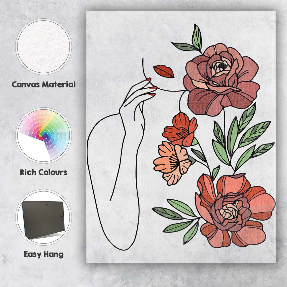 Boho Floral Woman Face Black Background Botanical Illustration Canvas Wall Art Print Decor Picture Ready to Hang