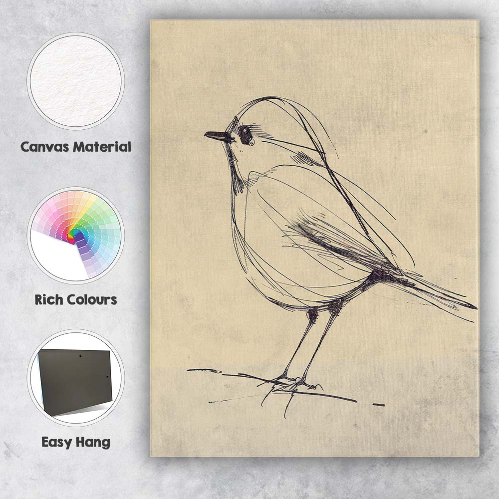 Minimalist Sketch Perched Songbird Line Drawing Canvas Wall Art Print Decor Picture Ready to Hang
