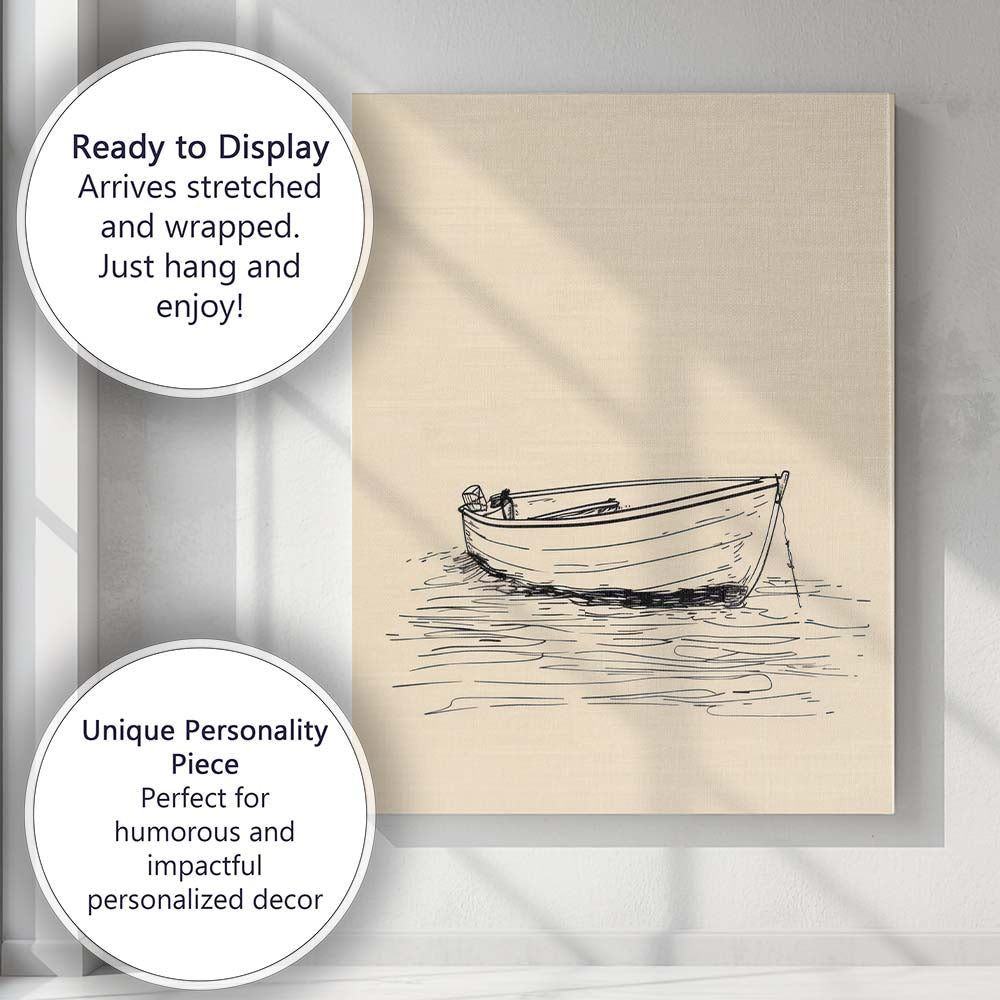 Minimalist Row Boat On Calm Water Line Art Canvas Wall Art Print Decor Picture Ready to Hang