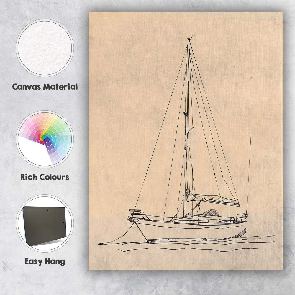 Minimalist Sailing Yacht Nautical Line Art Canvas Wall Art Print Decor Picture Ready to Hang