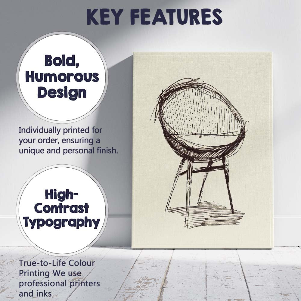 Mid Century Modern Egg Chair Line Drawing Canvas Wall Art Print Decor Picture Ready to Hang