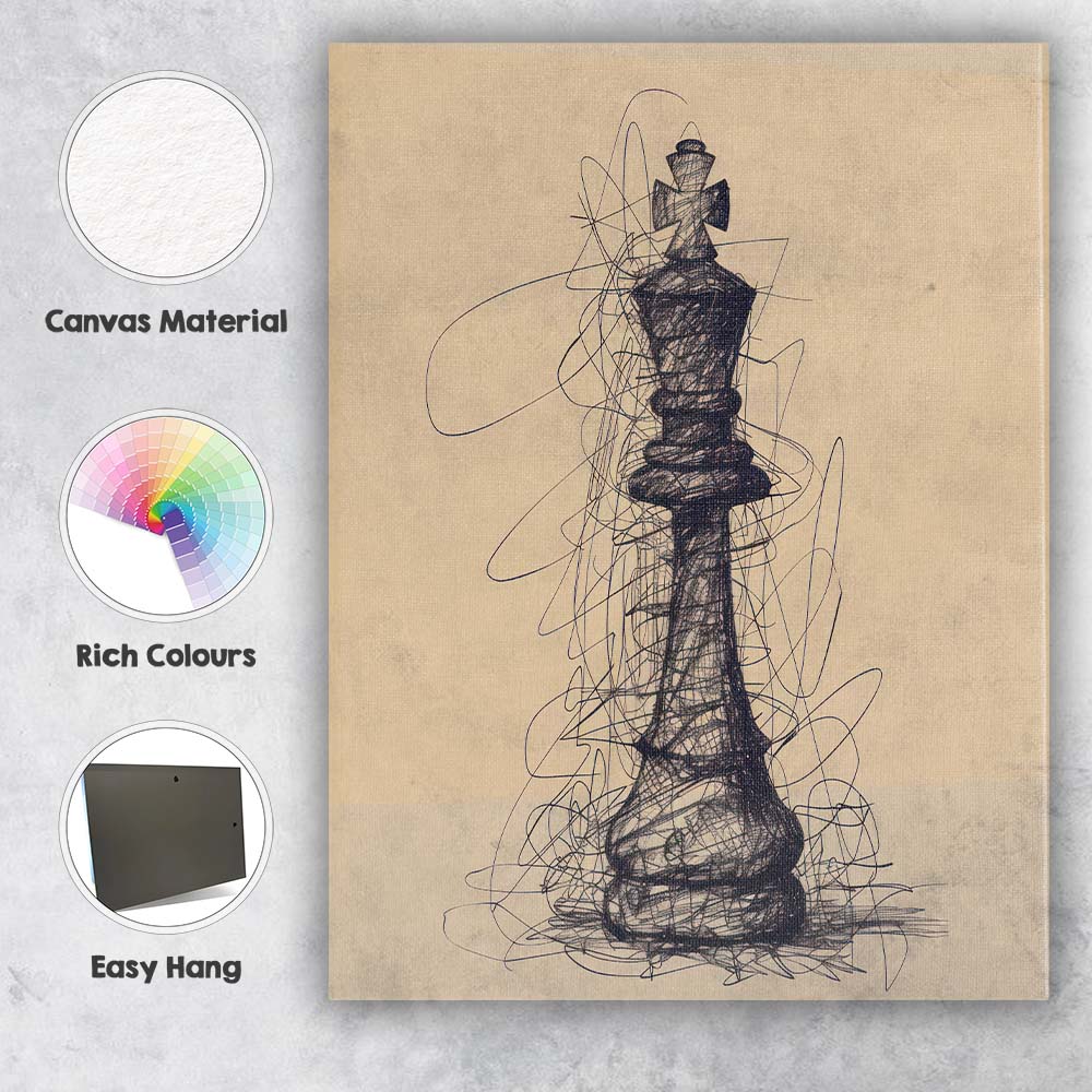 Abstract Chess King Piece Sketch Illustration Canvas Wall Art Print Decor Picture Ready to Hang