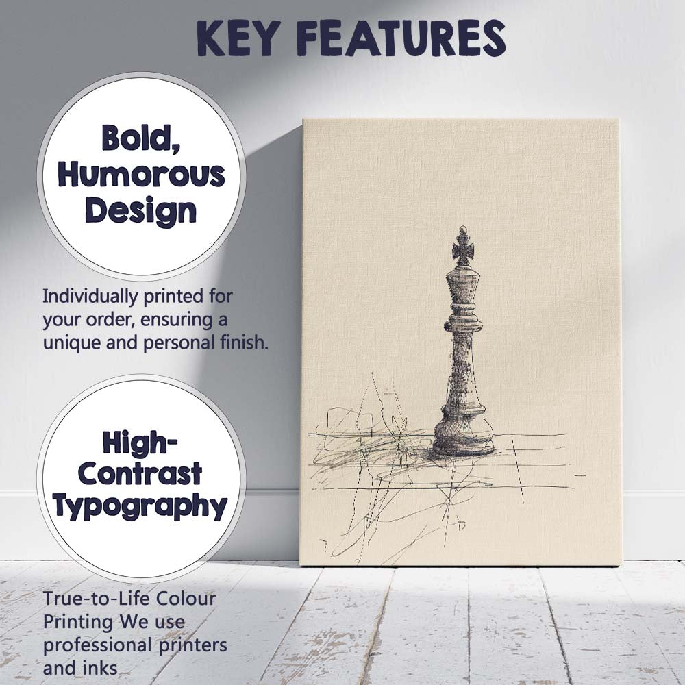 Abstract Chess King Piece Sketch On Chessboard Canvas Wall Art Print Decor Picture Ready to Hang