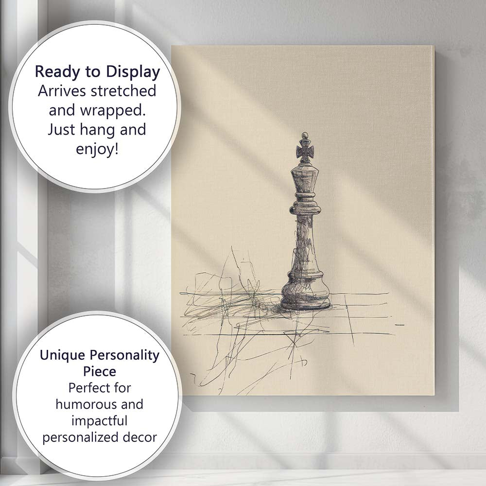 Abstract Chess King Piece Sketch On Chessboard Canvas Wall Art Print Decor Picture Ready to Hang