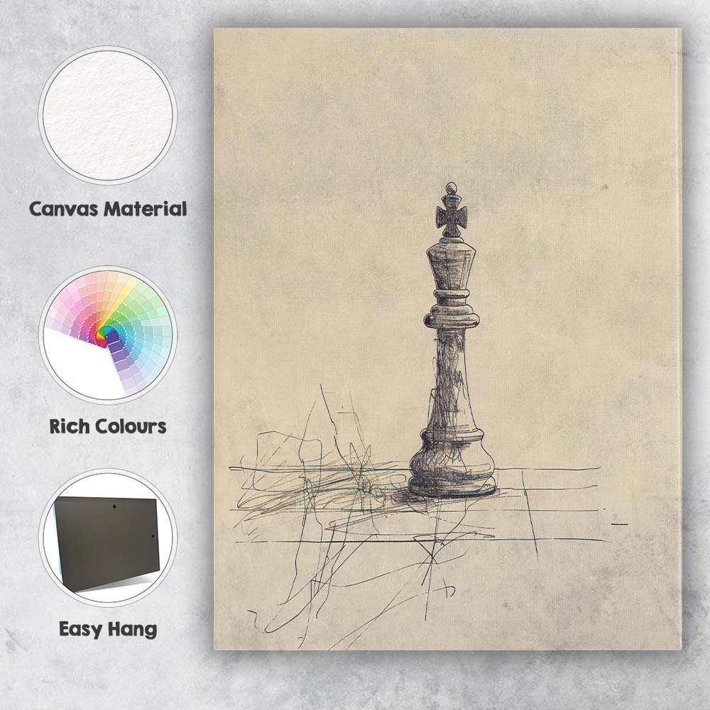 Abstract Chess King Piece Sketch On Chessboard Canvas Wall Art Print Decor Picture Ready to Hang