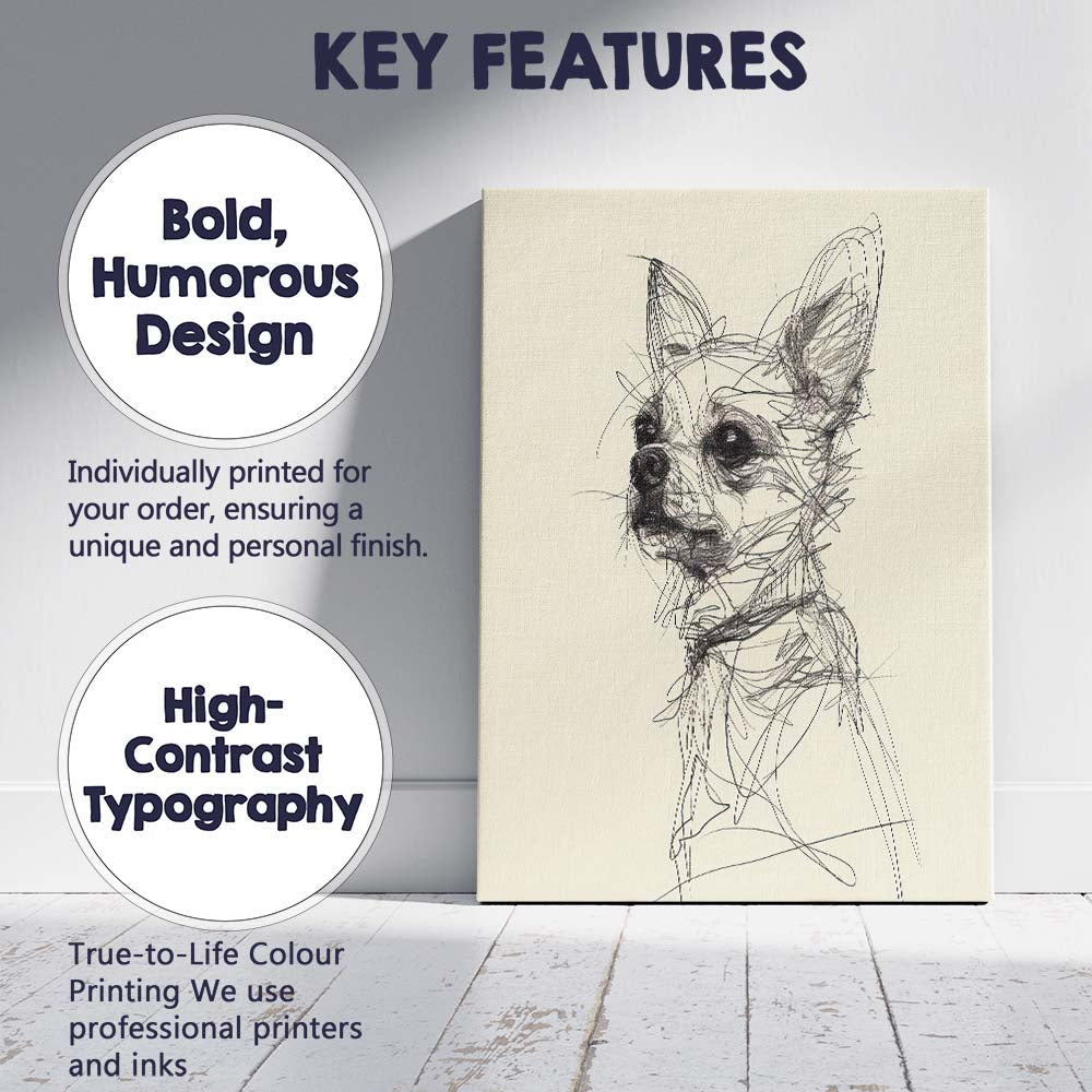Detailed Chihuahua Dog Portrait Pen Sketch Canvas Wall Art Print Decor Picture Ready to Hang