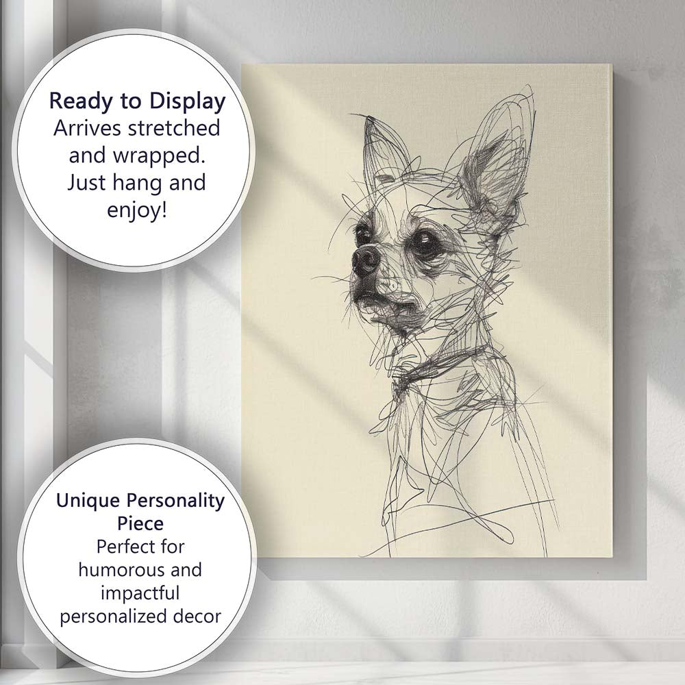 Detailed Chihuahua Dog Portrait Pen Sketch Canvas Wall Art Print Decor Picture Ready to Hang