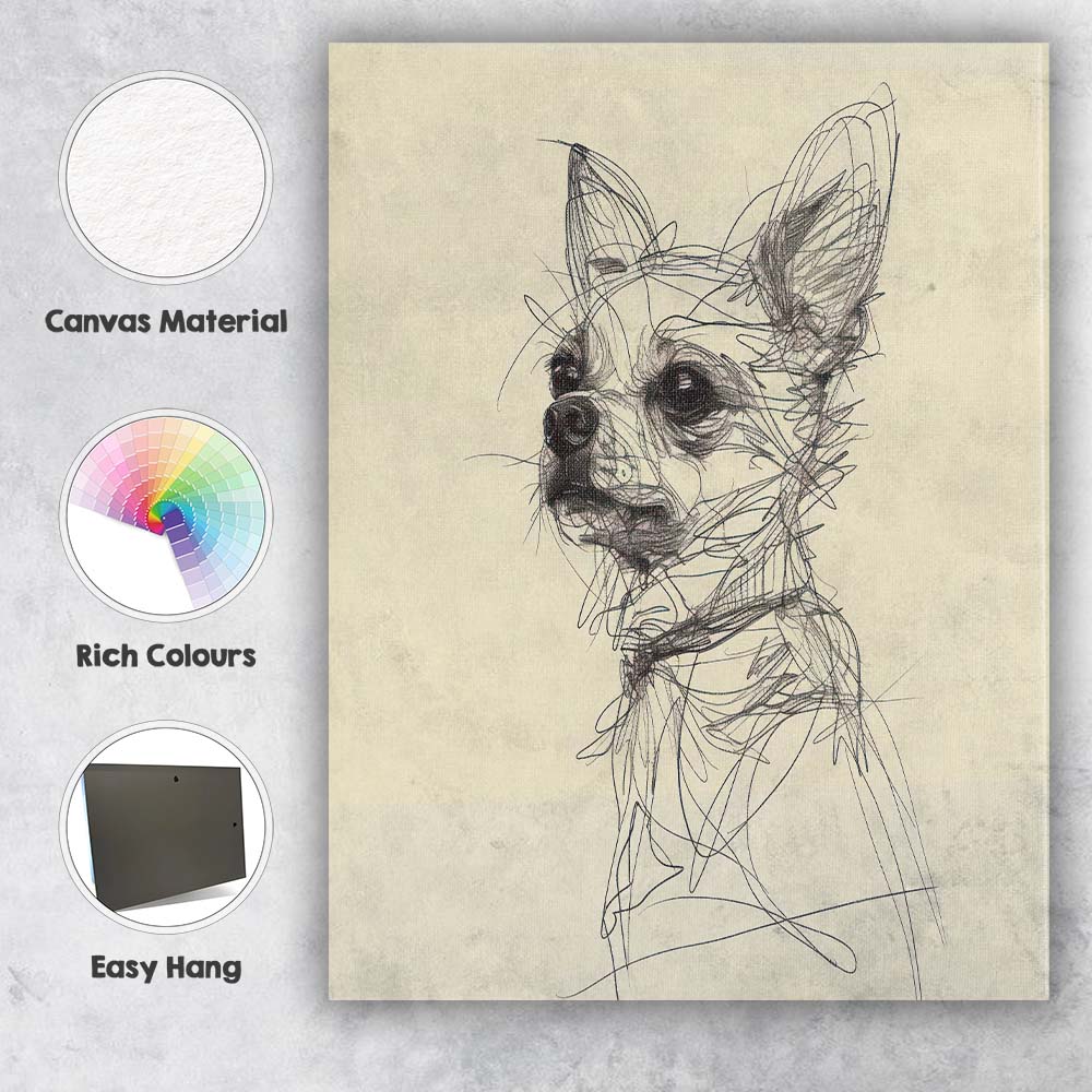 Detailed Chihuahua Dog Portrait Pen Sketch Canvas Wall Art Print Decor Picture Ready to Hang