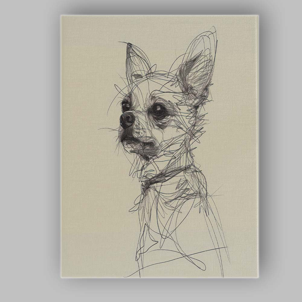 Detailed Chihuahua Dog Portrait Pen Sketch Canvas Wall Art Print Decor Picture Ready to Hang
