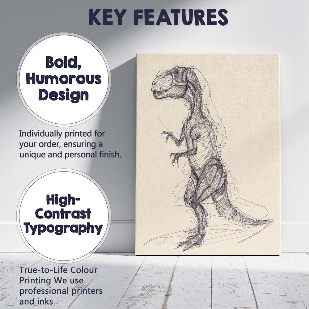 Detailed Velociraptor Dinosaur Sketch Illustration Canvas Wall Art Print Decor Picture Ready to Hang