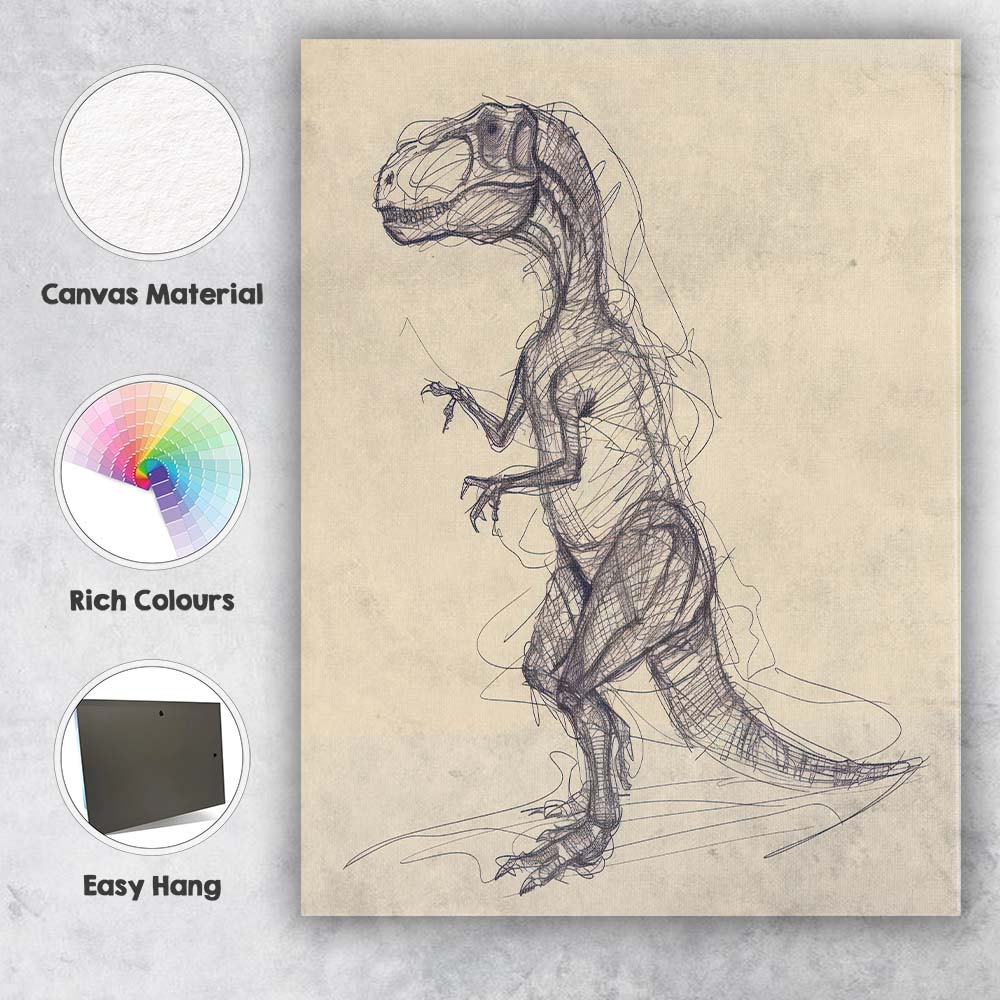 Detailed Velociraptor Dinosaur Sketch Illustration Canvas Wall Art Print Decor Picture Ready to Hang