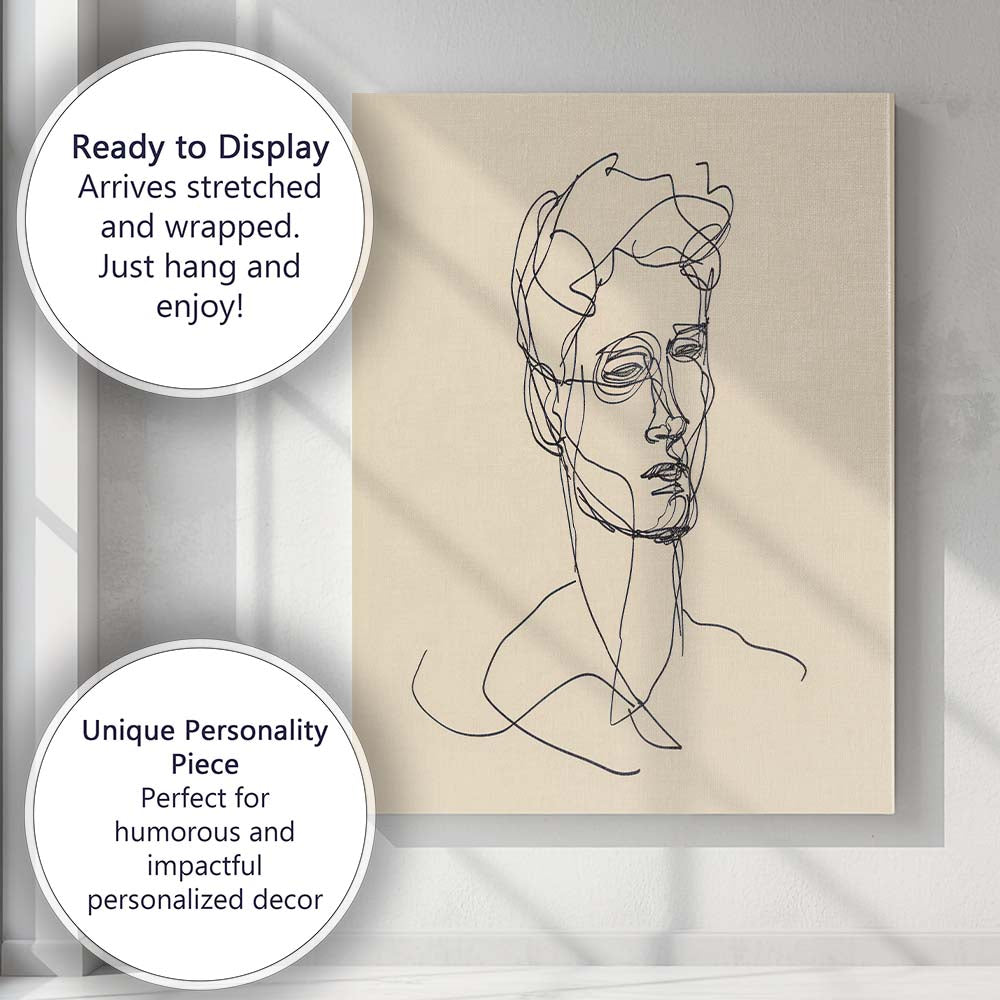 Modern Male Face Continuous Line Portrait Canvas Wall Art Print Decor Picture Ready to Hang