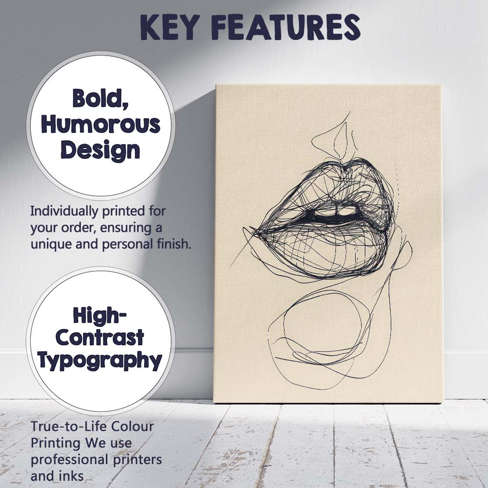 Abstract Lips Scribble Line Art Illustration Canvas Wall Art Print Decor Picture Ready to Hang