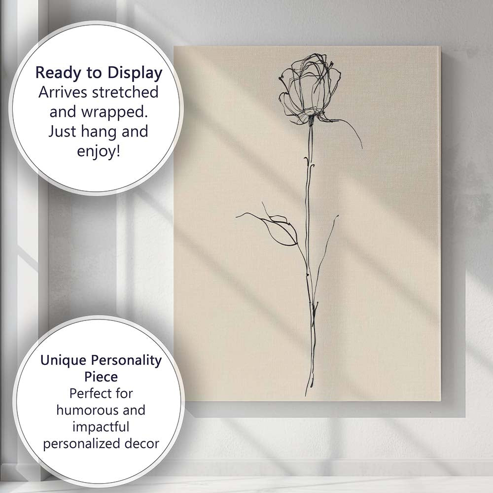 Minimalist Single Stem Rose Line Art Canvas Wall Art Print Decor Picture Ready to Hang