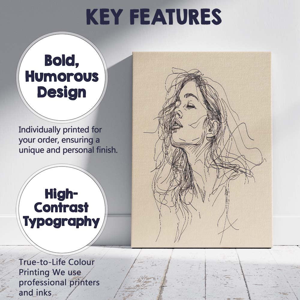 Expressive Female Portrait Sketch Canvas Wall Art Print Decor Picture Ready to Hang