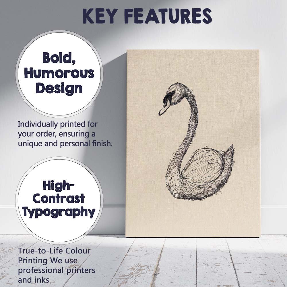 Detailed Swan Bird Sketch Illustration Canvas Wall Art Print Decor Picture Ready to Hang