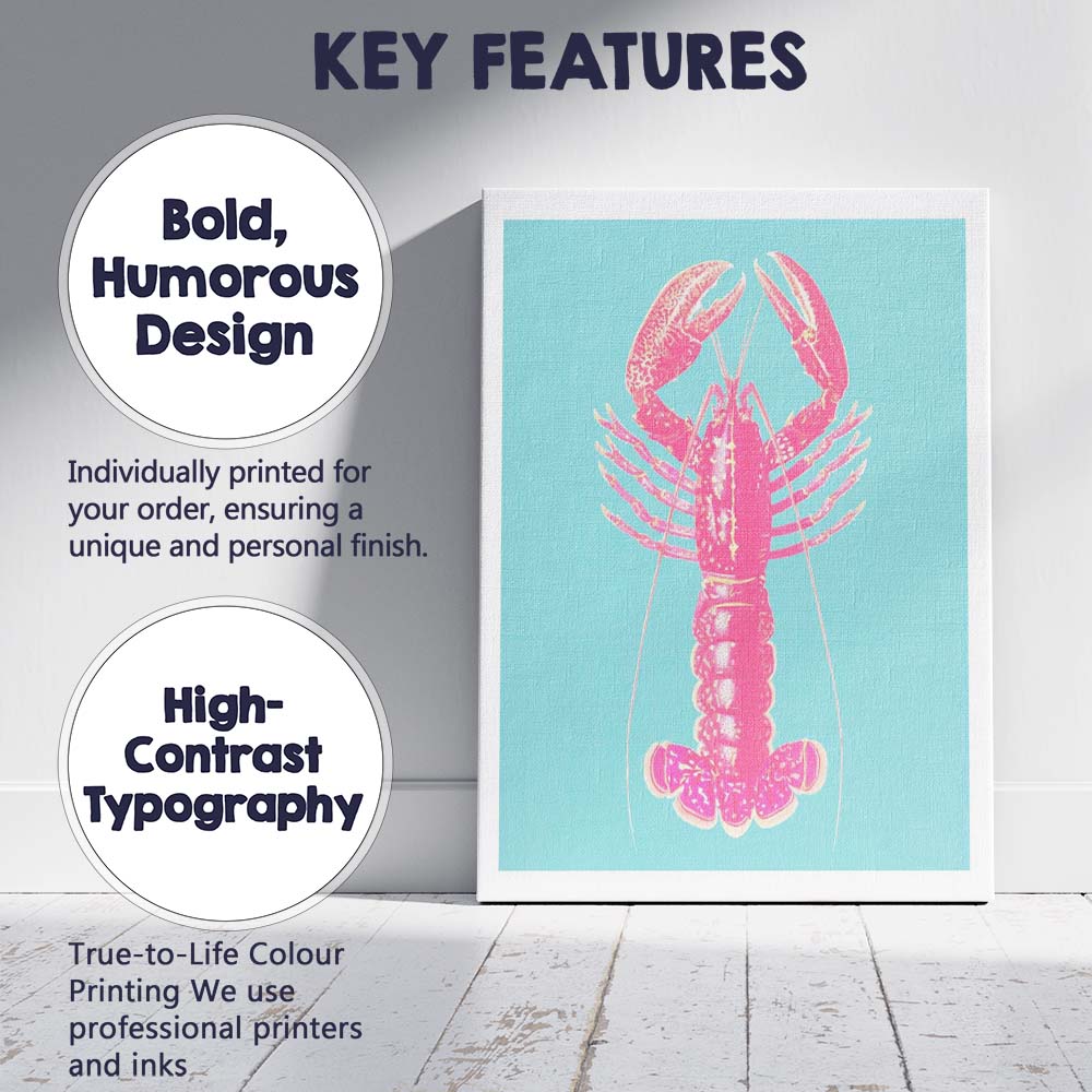 Pop Art Pink Lobster Turquoise Background Coastal Canvas Wall Art Print Decor Picture Ready to Hang