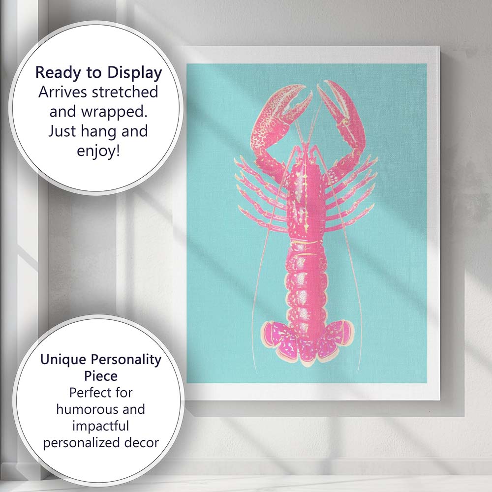 Pop Art Pink Lobster Turquoise Background Coastal Canvas Wall Art Print Decor Picture Ready to Hang