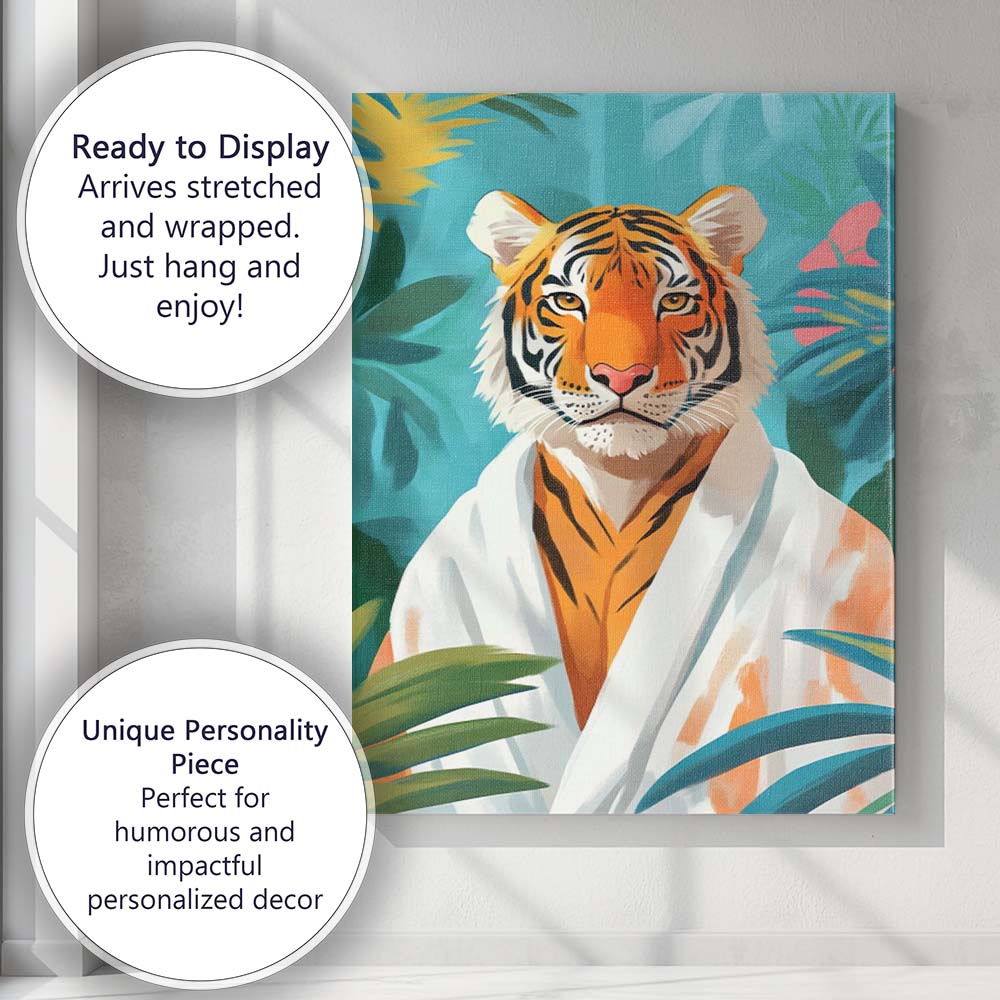 Elegant Tiger Portrait White Robe Tropical Canvas Wall Art Print Decor Picture Ready to Hang
