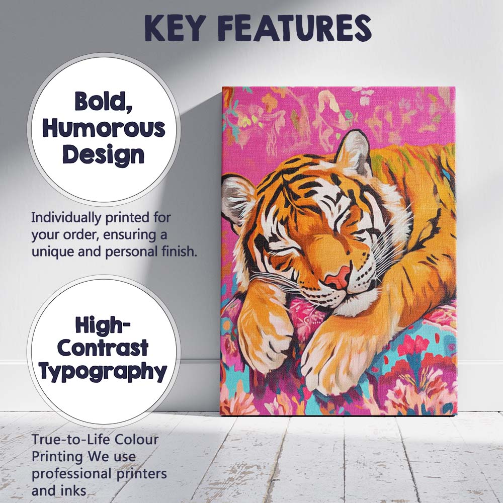 Peaceful Sleeping Tiger Pink Floral Cushion Canvas Wall Art Print Decor Picture Ready to Hang
