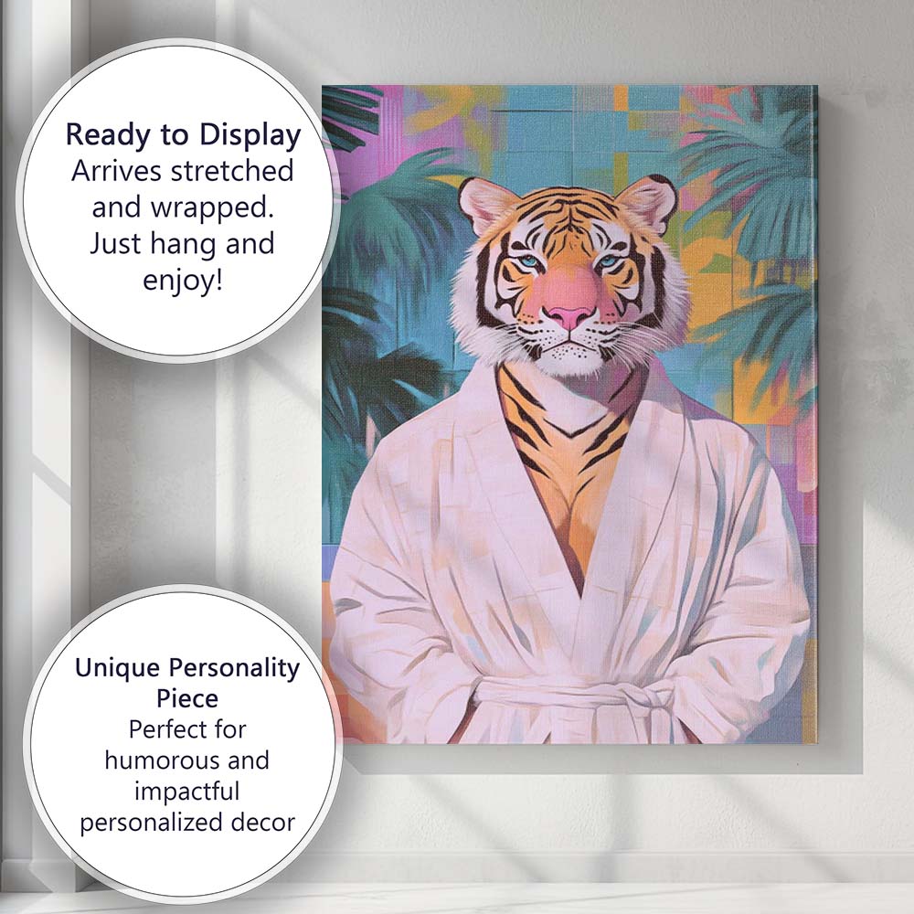 Elegant Tiger Wearing White Spa Robe Tropical Canvas Wall Art Print Decor Picture Ready to Hang