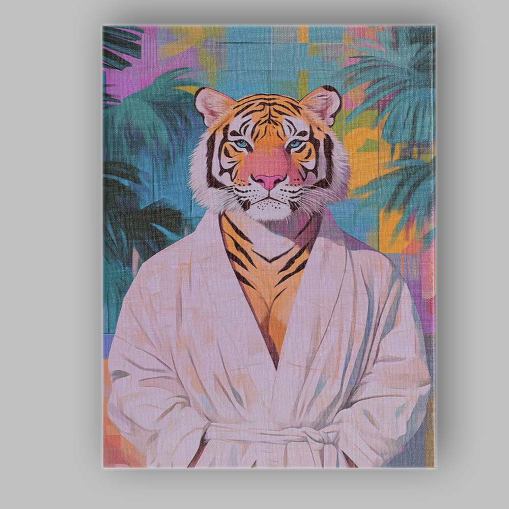 Elegant Tiger Wearing White Spa Robe Tropical Canvas Wall Art Print Decor Picture Ready to Hang