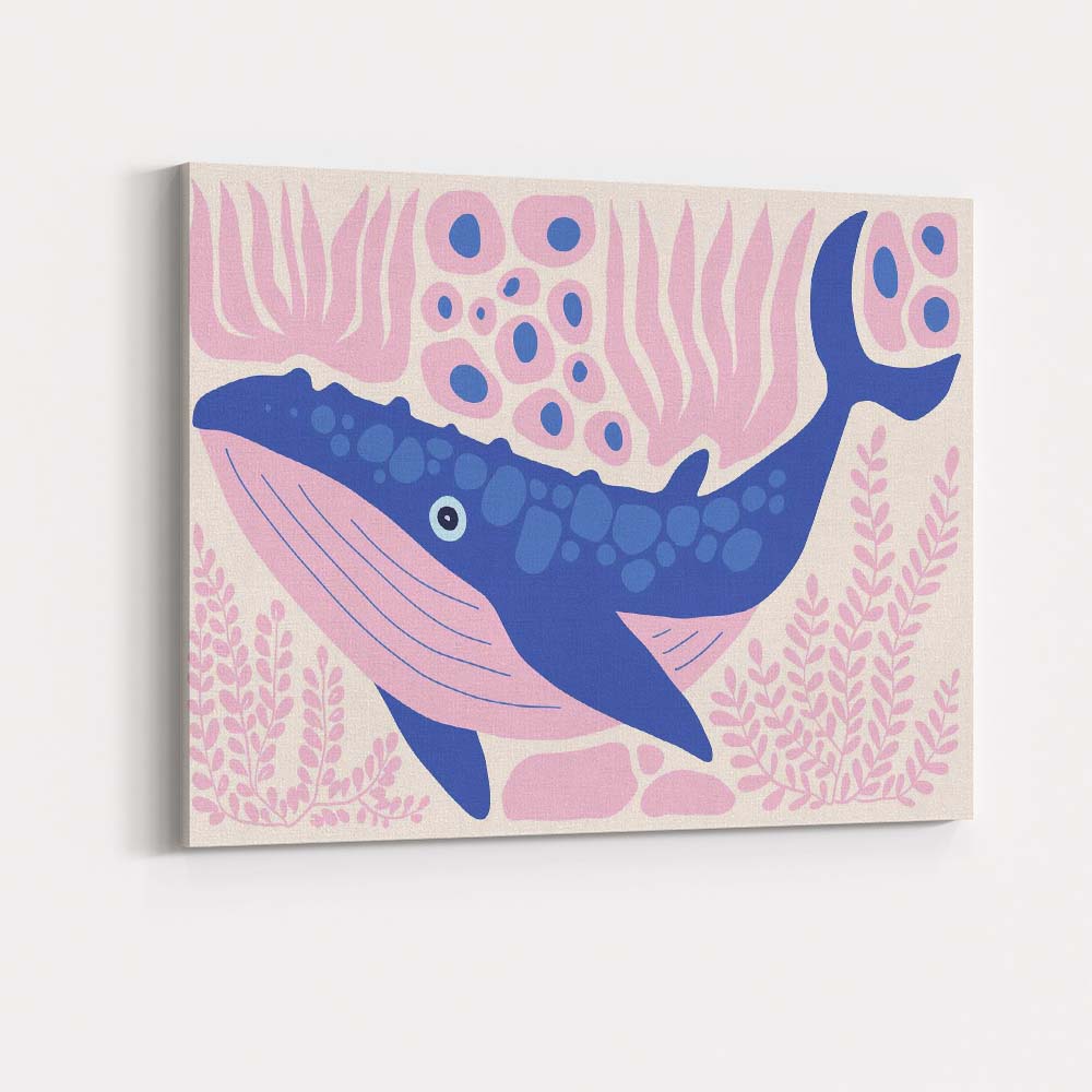Cute Blue Whale Pink Coral Scandinavian Nursery Canvas Wall Art Print Decor Picture Ready to Hang
